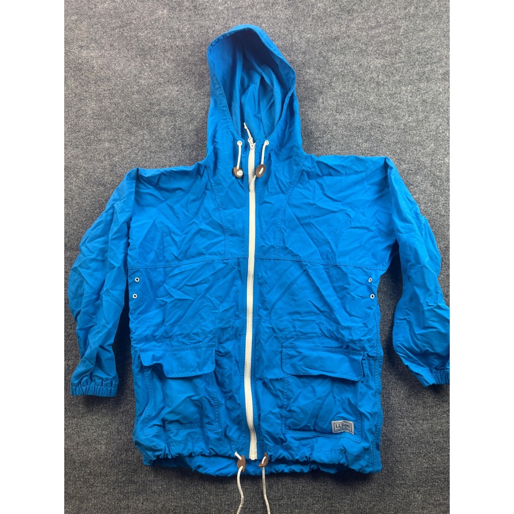 LL Bean Windbreaker Jacket Womens Medium Petite Blue Full Zip Hooded Nylon